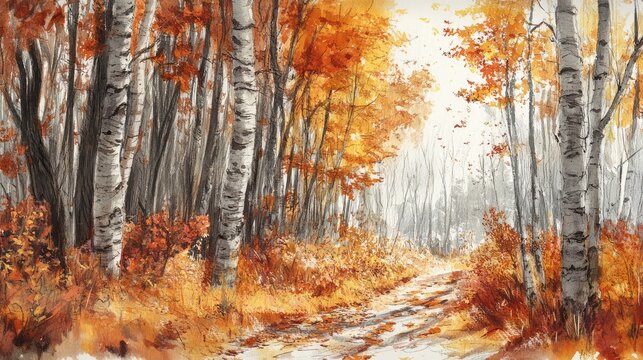 Autumn landscape illustrated on the cover, with orange and yellow leaves scattered across a forest floor, while the inside of the sketchbook captures the quiet beauty of winter.