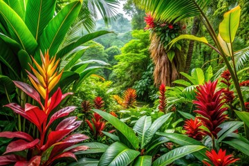 Wall Mural - Lush tropical rainforest brimming with vibrant green leaves and exotic flora, creating a stunning natural habitat teeming with biodiversity and captivating beauty.