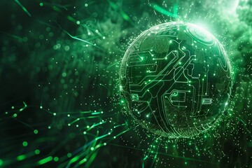 Poster - A glowing green digital globe surrounded by shimmering data streams, representing technology and connectivity in a futuristic setting. Generative AI