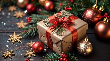 Aufkleber - A beautifully wrapped gift sits on a dark wooden surface, adorned with red ribbon and surrounded by sparkling ornaments and greenery, capturing the festive spirit of Christmas.