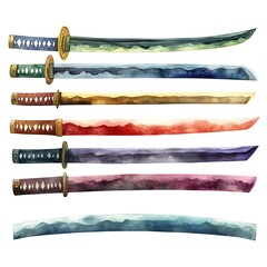 Sticker - Watercolor Set of Colorful Japanese Swords.