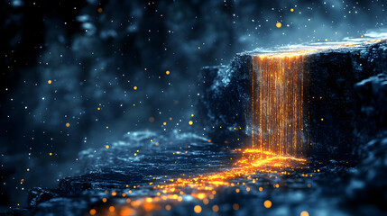 Poster - Sparkling Waterfall of Light Flows Over a Rocky Cliff