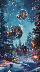 Poster - Christmas scene featuring floating baubles and unusual, dreamlike effects.