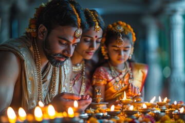 Family dressed in traditional Indian attire performing a religious ceremony with lit candles and marigold flowers.