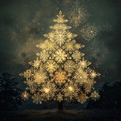 Poster - A Christmas tree made of snowflakes is lit up with lights. The tree is surrounded by trees and snow