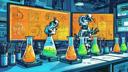 Poster - A Futuristic Laboratory with Automated Equipment and Colorful Chemicals