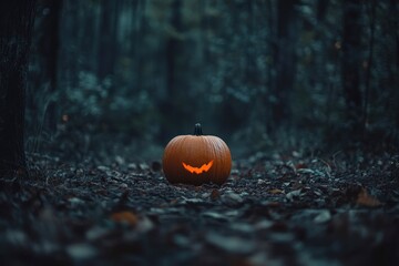 Halloween background. Lonely pumpkin in the dark forest - generative ai