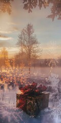 Canvas Print - A red and gold box is sitting in the snow. The box is decorated with a red ribbon and is surrounded by trees. The scene is set in a snowy forest, and the box appears to be a gift