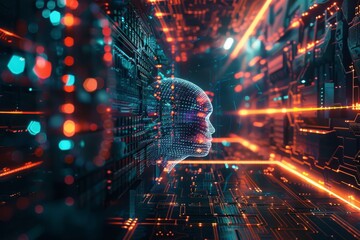 Poster - A glowing humanoid face in a vibrant digital landscape with circuit patterns and neon lights during a tech-inspired exploration