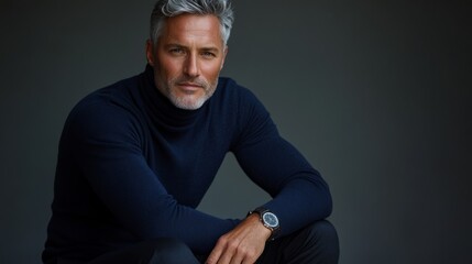 Poster - A man in a blue sweater and black pants sits with his hands on his knees
