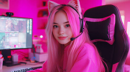 Cute streamer gamer asian girl in pink kawaii style