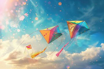 Beautiful greeting card with colorful kites soaring high above vibrant sky to holiday composition