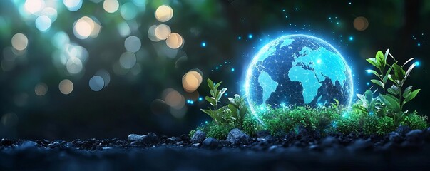 Glowing globe with plants, vibrant nature background, eco theme.