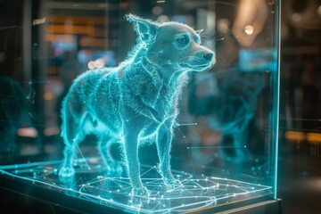 Poster - A stunning holographic representation of a dog exploring a futuristic exhibit in a modern technology fair during the evening hours. Generative AI