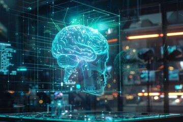 Poster - exploring the future of artificial intelligence through a glowing digital brain in a futuristic city