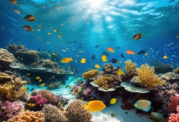 vibrant coral reef teeming diverse marine life showcasing colorful coral underwater ecosystems, abundance, algae, anemone, baitfish, biodiversity, blue, corals