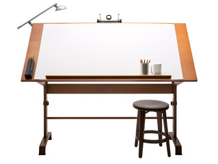 a drawing table with a white board and a stool