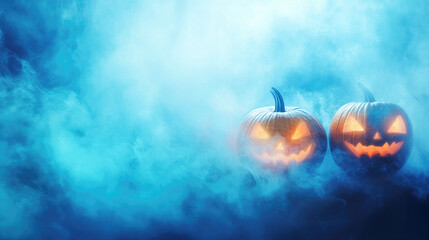 Wall Mural - two glowing jack-o-lanterns surrounded by eerie blue fog, creating a spooky halloween atmosphere wit