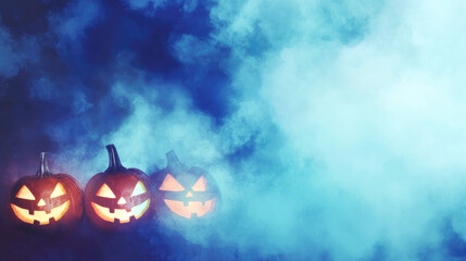 Wall Mural - three glowing jack-o-lanterns in thick blue fog, creating a spooky and atmospheric halloween scene.
