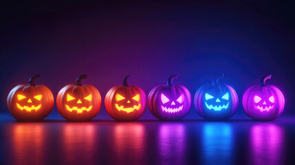 Wall Mural - halloween jack-o-lanterns in a row with vibrant glowing faces in various neon colors against a dark 