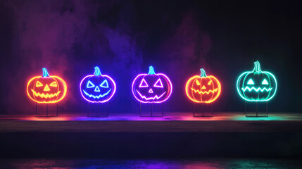 Wall Mural - neon jack-o-lanterns glowing in multiple colors with vibrant lights, set on a wooden surface against