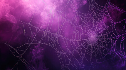 Wall Mural - a large spider web illuminated by a purple glow against a smoky background, creating an eerie and my