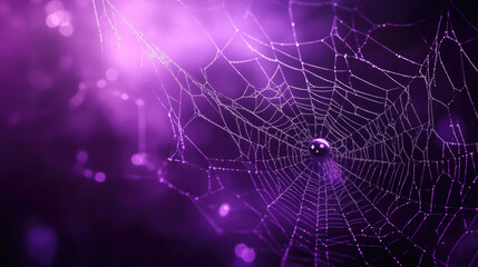 Wall Mural - a spider web covered in dew with a small decorative spider, glowing softly against a purple-lit back