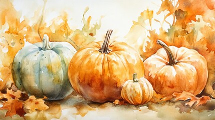 Poster - Pumpkin and gourd watercolor painting, featuring soft, warm tones for Thanksgiving.