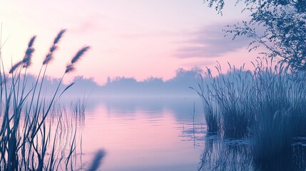 Poster - Serene Water Reflection at Sunrise with Soft Mist