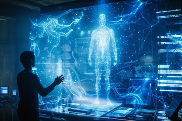 Poster - exploring the future of technology and ai in a futuristic lab with holographic projections of a huma