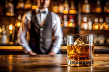 Close-up of whiskey in an old-fashioned glass, Blurred Bartender and wooden bar background