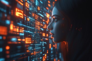 Poster - Woman's face is shown in a computer generated image. The face is surrounded by a glowing orange background. Futuristic cybernetic human against a complex circuit backdrop