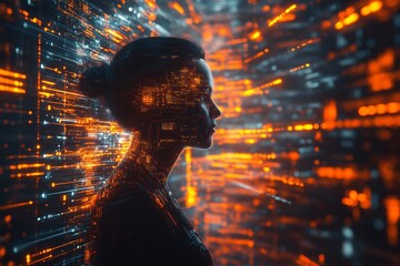 Poster - Woman's face is shown in a computer generated image. The face is surrounded by a glowing orange background. Futuristic cybernetic human against a complex circuit backdrop