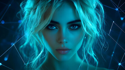 Canvas Print - Blue Neon Lights, Woman with Blonde Hair, Artistic Portrait, Studio Shot