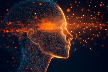 Poster - Woman's face is shown in a computer generated image. The face is surrounded by a glowing orange background. Futuristic cybernetic human against a complex circuit backdrop