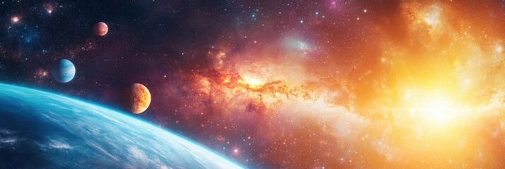 Wall Mural - dynamic outer space illustration featuring colorful planets, vibrant galaxies, and a bright cosmic l