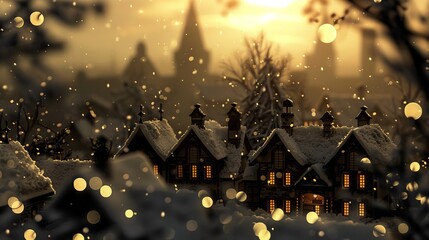 Wall Mural - Silhouette of a Christmas village with rooftops covered in snow.