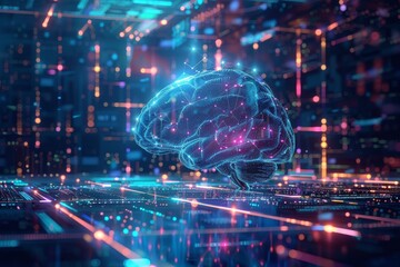 Poster - A luminous digital brain illuminated in a futuristic cyber world, showcasing intricate circuits and vibrant neon lights. Generative AI