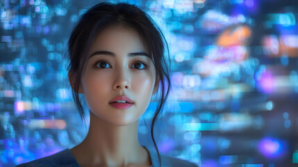 Canvas Print - Woman Looking Up with Blue Bokeh Background