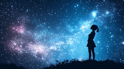 Silhouette of a young woman looking up at a starry night sky.