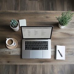 An overhead flat lay shot of a modern workspace setup on a rustic wooden desk.