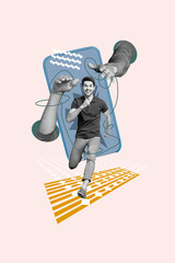 Aufkleber - Vertical composite collage image picture of mini guy run big arms smart phone isolated on creative background