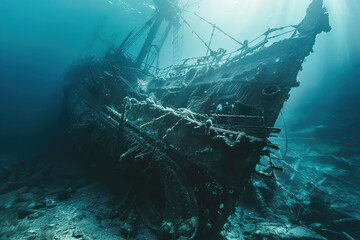 Wall Mural - Underwater view of an sunken ship on seabed with fish swimming around