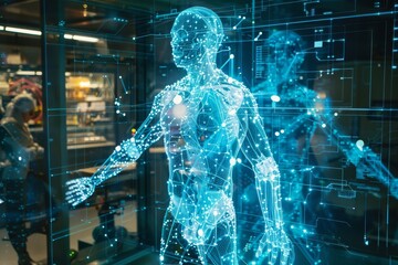 Poster - A futuristic holographic display of an anatomical model in a high-tech laboratory, showcasing human anatomy and technology integration. Generative AI