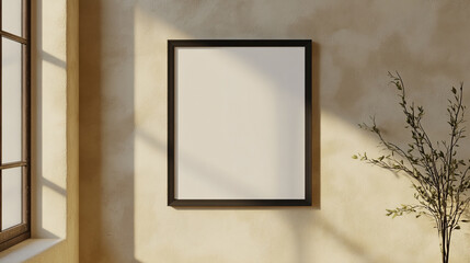 A black picture frame stands on a wooden surface against a white wall, Horizontal poster Frame Mockup hanging on wall in room, 3d rendering.