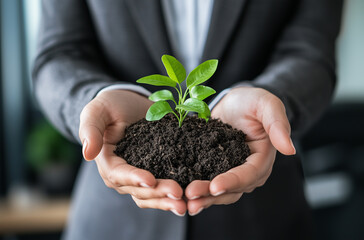 a business woman holding a plant in her hands.