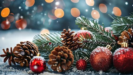 Poster - A festive arrangement features shiny red ornaments and pinecones nestled among evergreen branches, lightly dusted with snow, showcasing the holiday spirit in winter.
