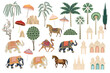 © good_mood - Elephant, horses, camel, palm tree, umbrella, architecture oriental set. Indian vector collection.