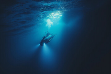 Wall Mural - Beautiful large submarine floating in middle of ocean during mission