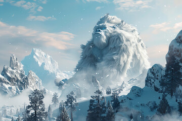 Wall Mural - Huge fantasy yeti character in beautiful outdoor nature background